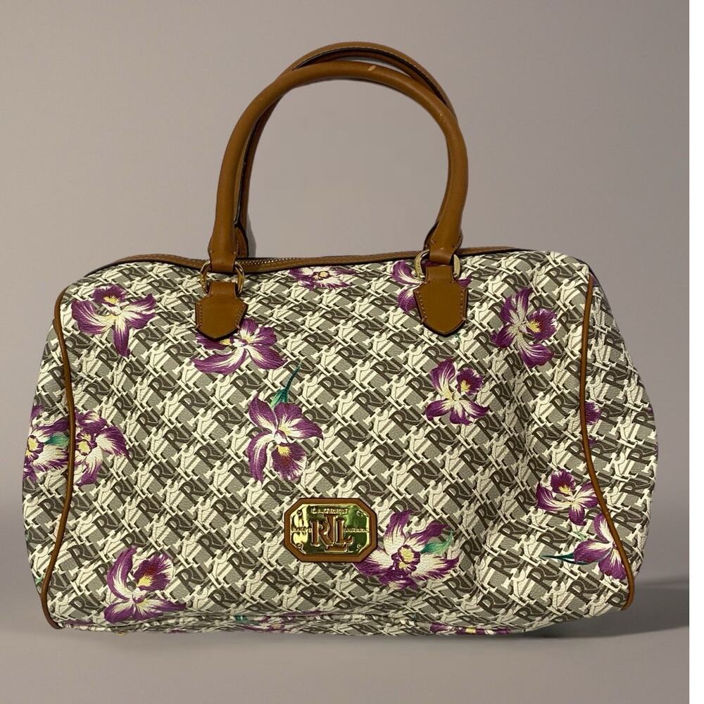 Lauren Ralph Lauren Clements Barrel Satchel White Pink Floral Bag